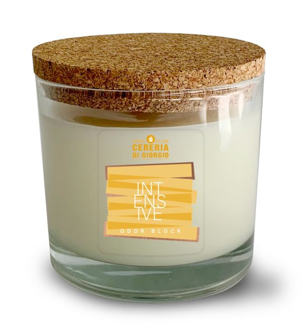 Candela Vegetale Vegana in bicchiere con coperchio in sughero Odor Block - Intensive- 50 ORE