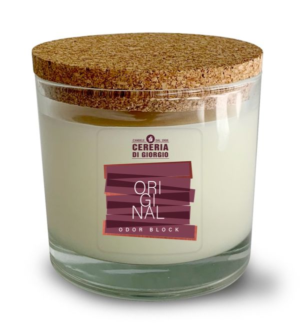 Candela Vegetale Vegana  in bicchiere con coperchio in sughero Odor Block - Original- 50 ORE