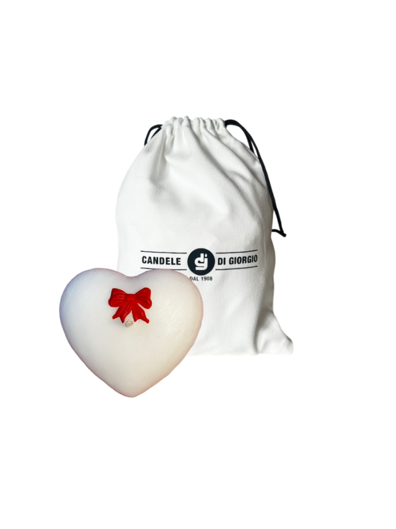 Candela a forma di Cuore Graffiato - Bianco- con fiocco Rosso  - 10x5 cm 