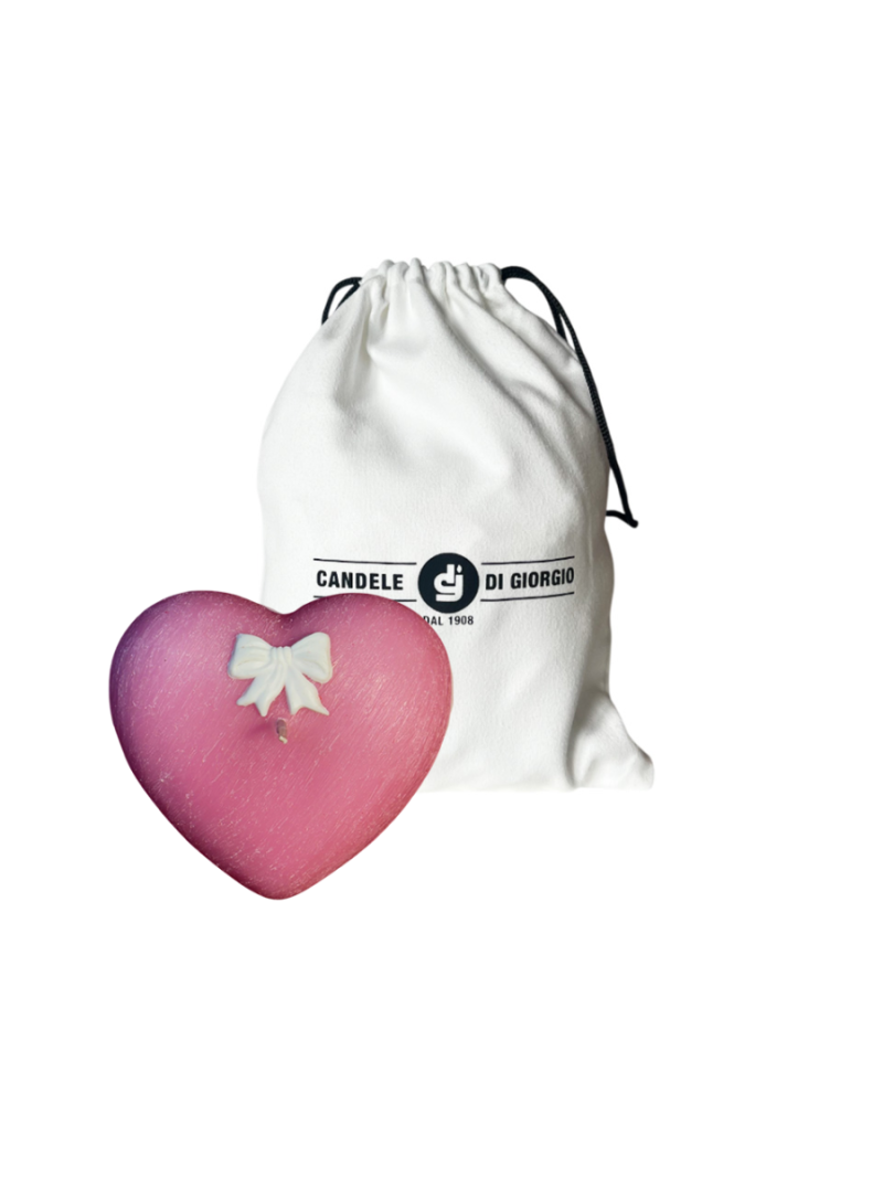 Candela a forma di Cuore Graffiato - Rosa- con fiocco Bianco- 10x5 cm