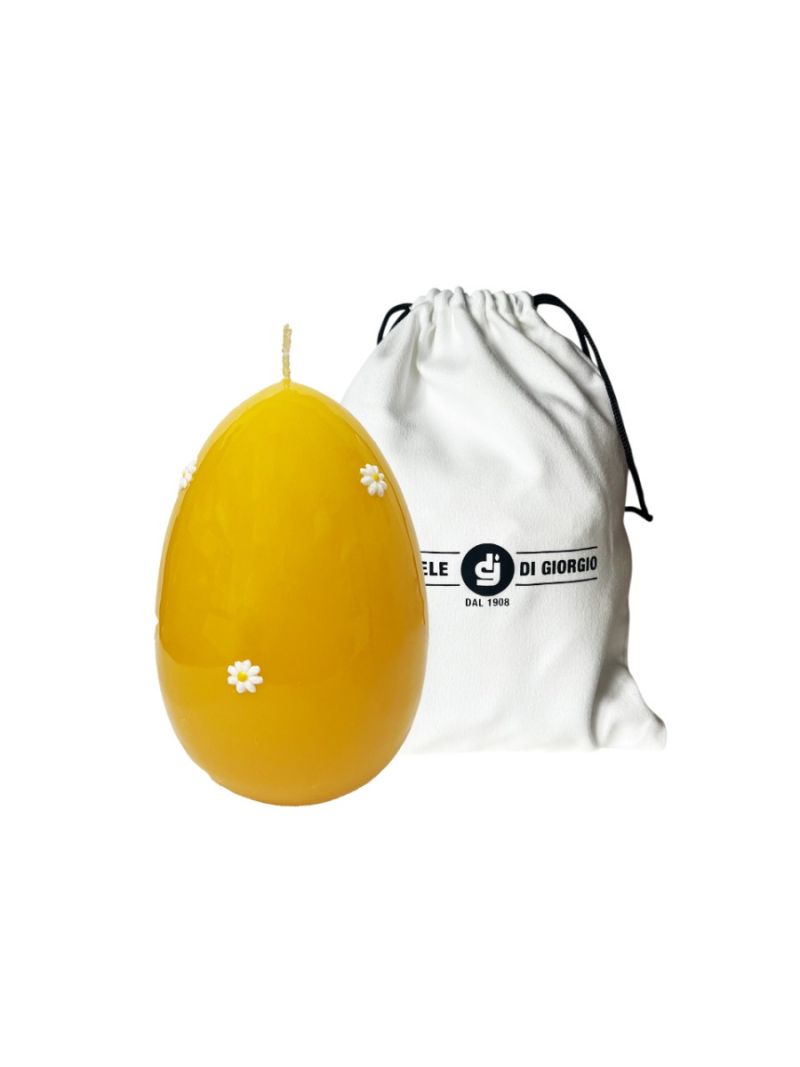 Candela a forma di Uovo con Margherite- Giallo Senape- 14 cm