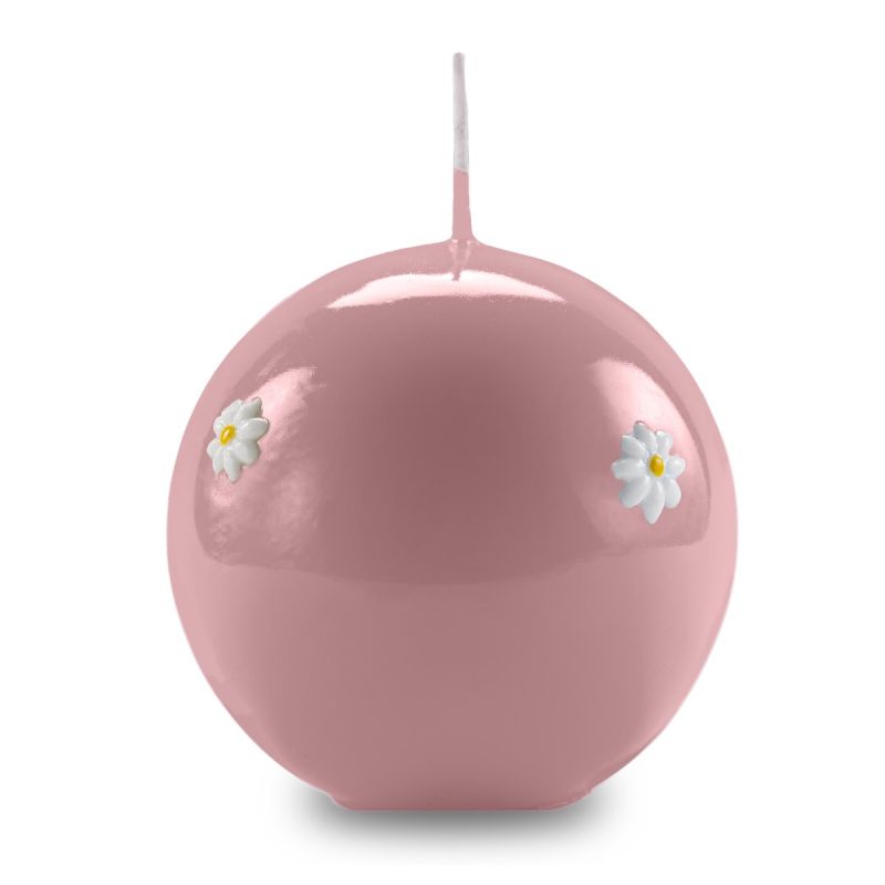 Candela sfera artigianale Ø 10 cm con margherite - Rosa Polvere