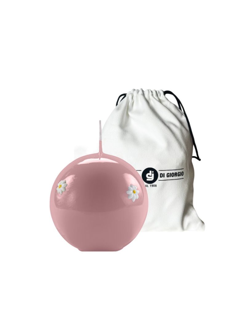 Candela sfera artigianale Ø 10 cm con margherite - Rosa Polvere