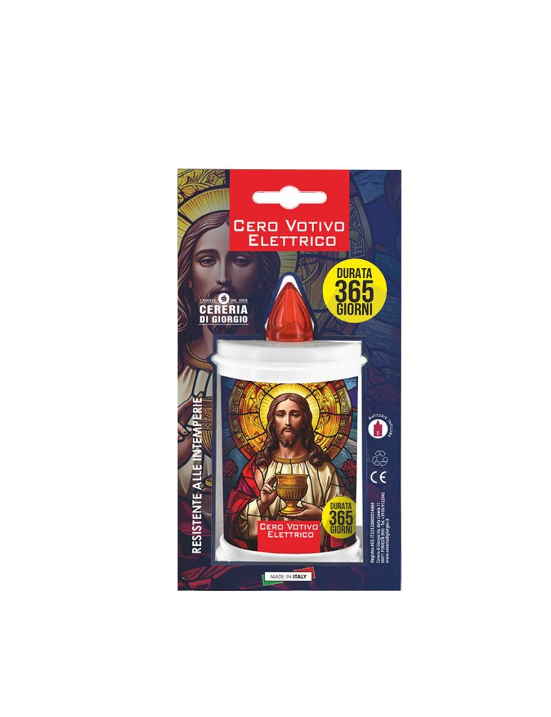 Cero Votivo Elettrico - Lunga Durata 1 Anno - Batterie Incluse - Dedicato al Sacro Cuore - Bianco - Altezza 12 cm