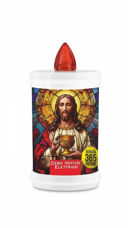 Cero Votivo Elettrico - Lunga Durata 1 Anno - Batterie Incluse - Dedicato al Sacro Cuore - Bianco - Altezza 12 cm