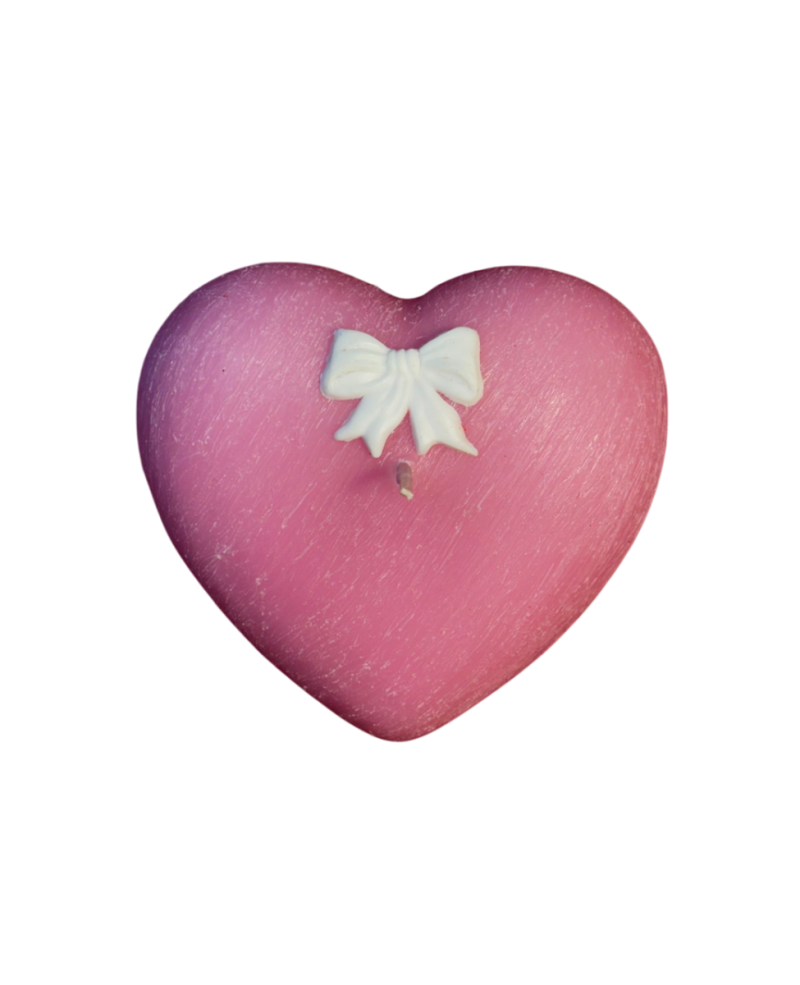 Candela a forma di Cuore Graffiato - Rosa- con fiocco Bianco- 10x5 cm