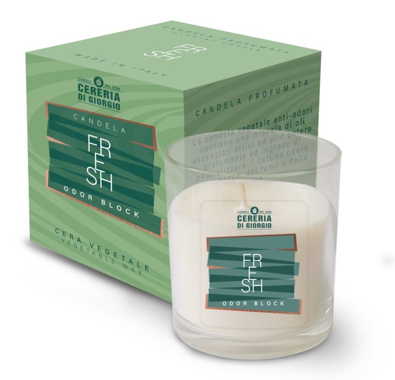 Candela Vegetale Vegana in bicchiere con astuccio  Odor Block - Fresh-  14 ORE