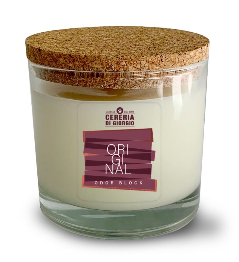 Candela Vegetale Vegana  in bicchiere con coperchio in sughero Odor Block - Original- 50 ORE