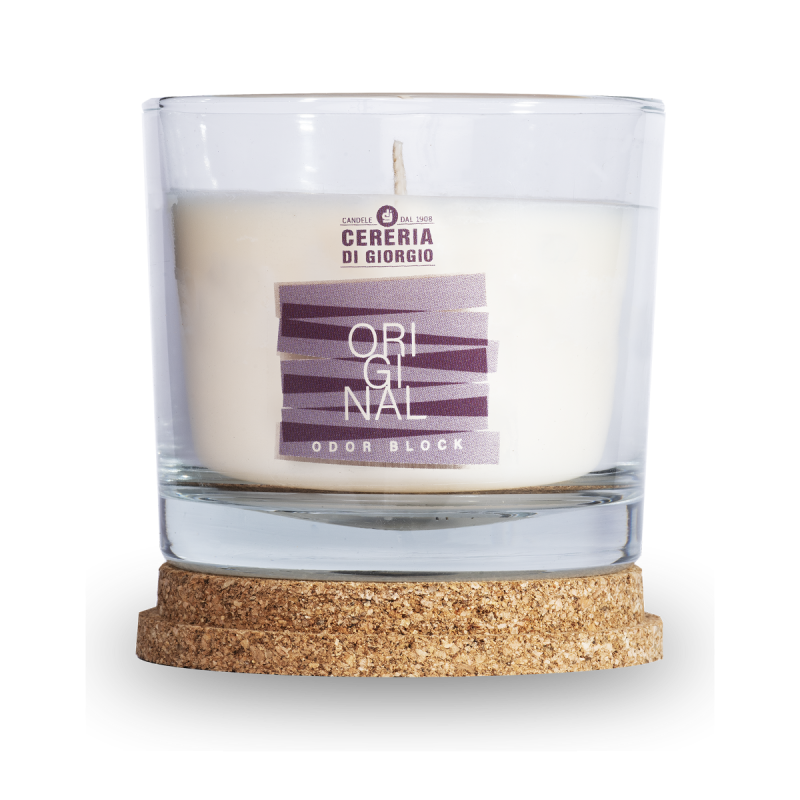 Candela Vegetale Vegana  in bicchiere con coperchio in sughero Odor Block - Original- 50 ORE